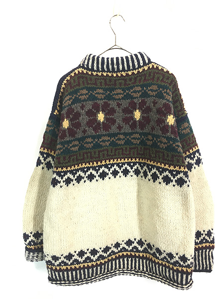 古着 90s エクアドル製 花 フラワー ボーダー ヘビー ウール ニット