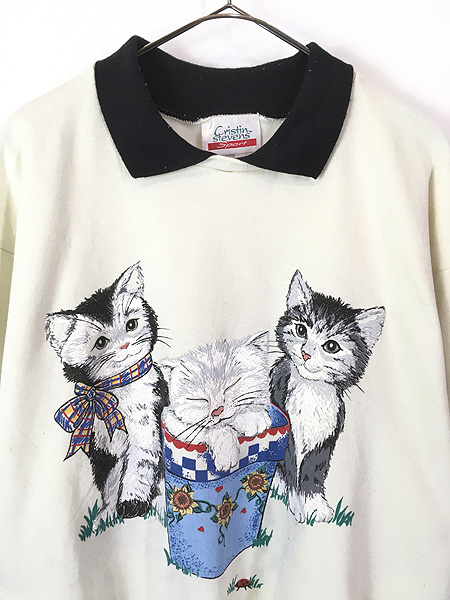 レディース 古着 80s USA製 3匹の猫 アニマル 発泡 襟付き スウェット