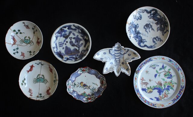 骨董アンティーク色絵古九谷古伊万里染付赤絵海老文様変形皿木瓜皿