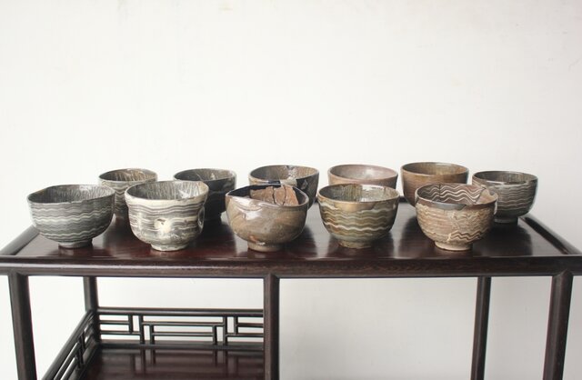 刷毛目 木原茶碗 11個1組 P614｜骨董店 のびる 古美術 骨董 和風建具