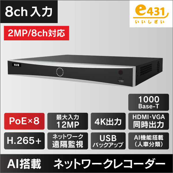 4K対応 顔認証機能付きNVR 4入力 4チャンネルPoE対応 2TB |e431 ネット