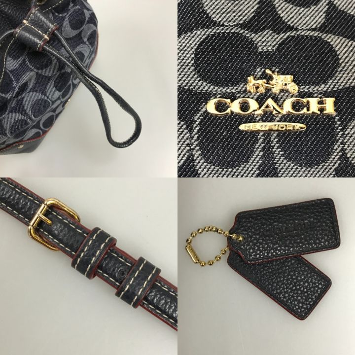 COACH コーチ シグネチャー 巾着ショルダーバッグ デニム ×レザー