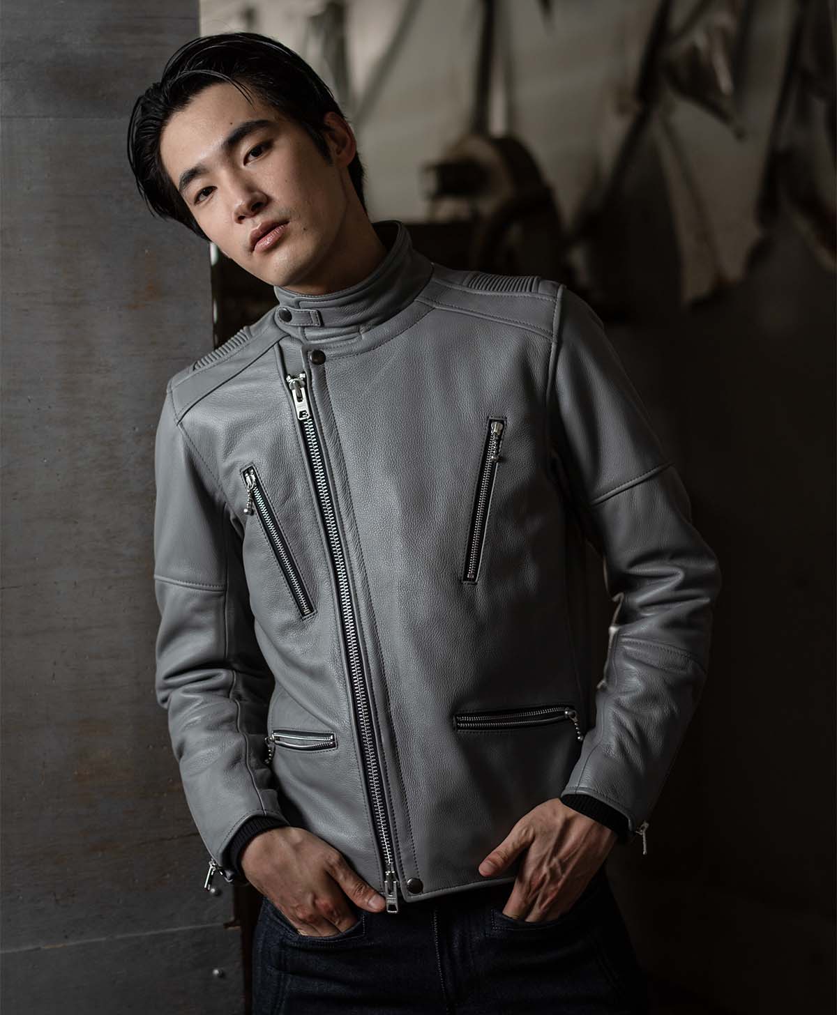 Leather jacket high neck semi-double leather jacket | Kadoya