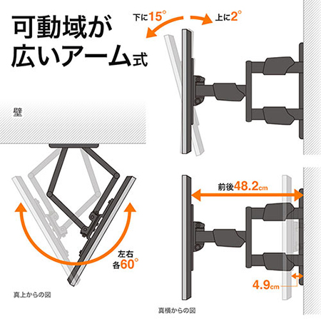 壁掛けテレビ金具(薄型・アーム式・前後可動・左右首振り・角度調整
