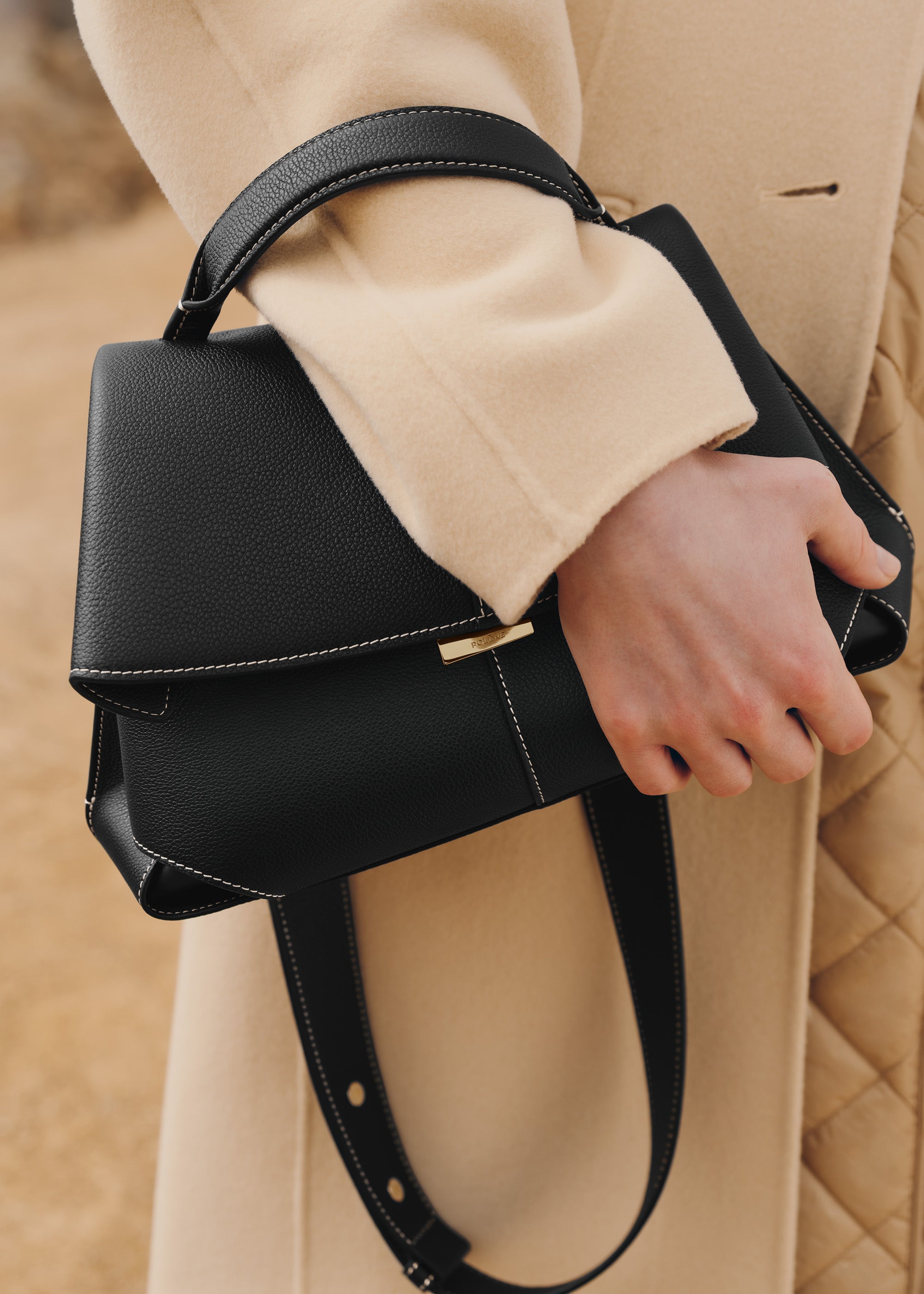 Polène | Bag - Mokki - Textured Black with Ecru Stitching – Polène EU