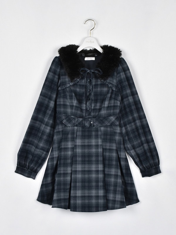 ファー襟付きチェックミニワンピース｜evelyn（エブリン）公式通販サイト
