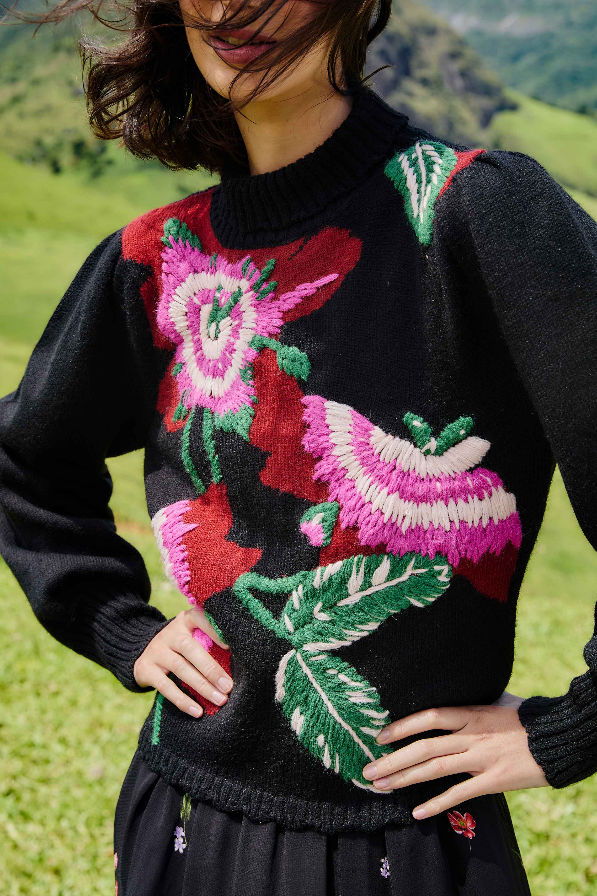 Black Bold Colorful Flower Embroidered Knit Sweater | FARM Rio