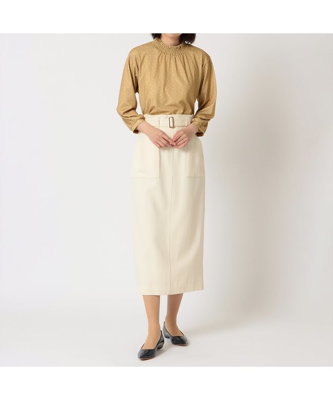 Tokyo Shirts Shirring Neck Random Dot Three-Quarter Sleeve Blouse