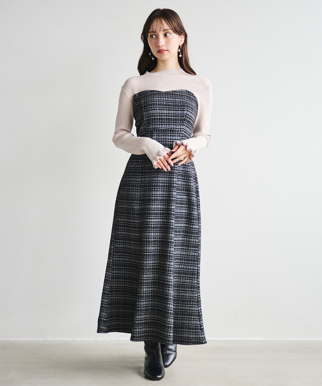 ONLINE限定 低身長サイズあり】ツイードニットドッキングワンピース