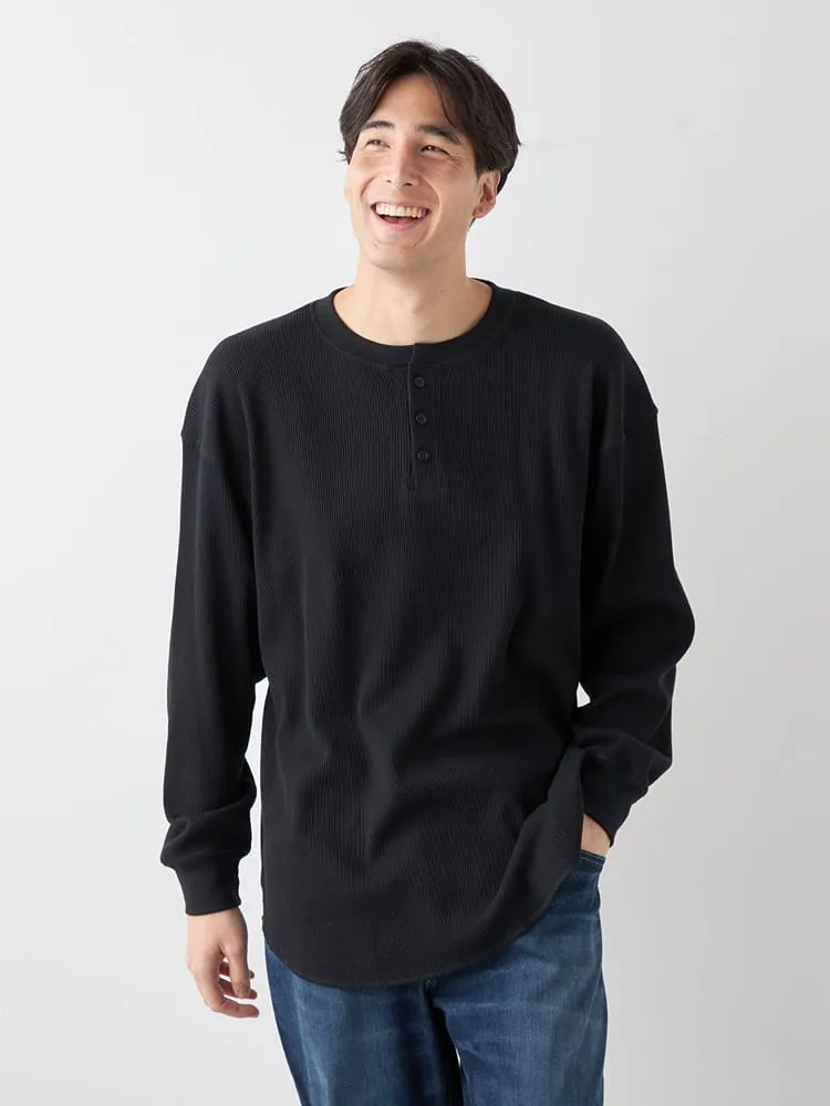 ネイビー 【EL.FO】無地ワッフル編みヘンリーネック長袖Tシャツ