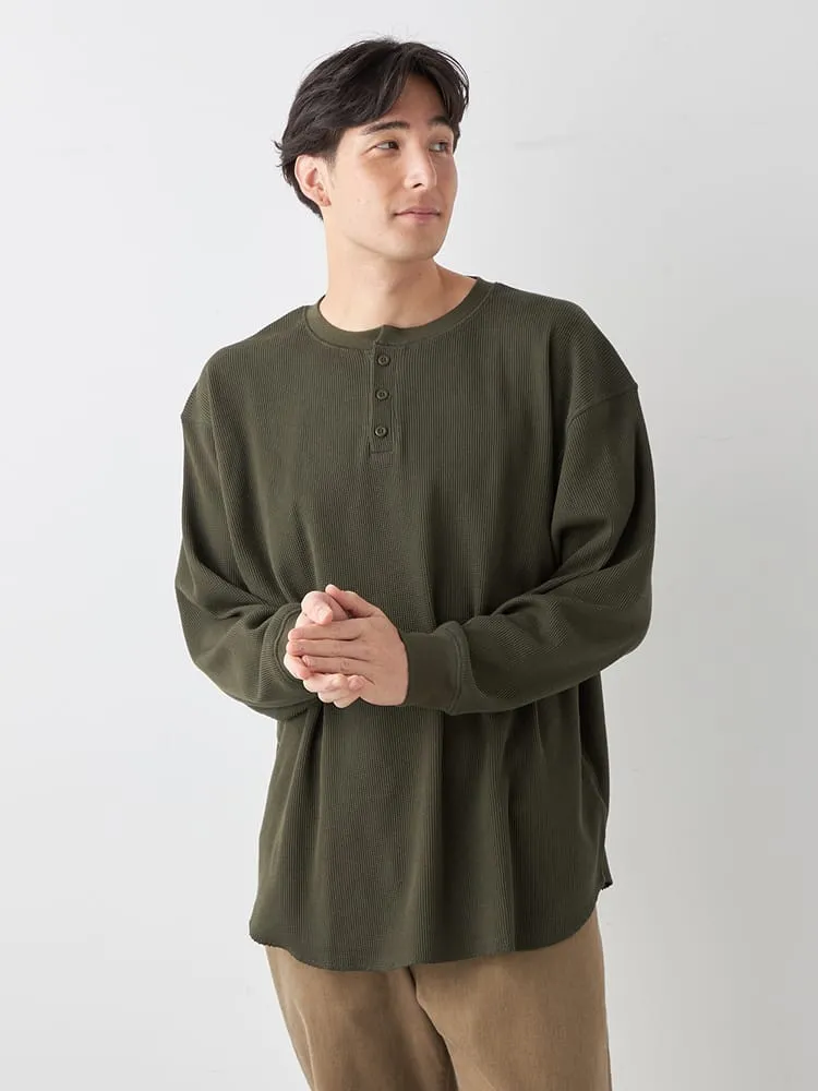 カーキー 【EL.FO】無地ワッフル編みヘンリーネック長袖Tシャツ