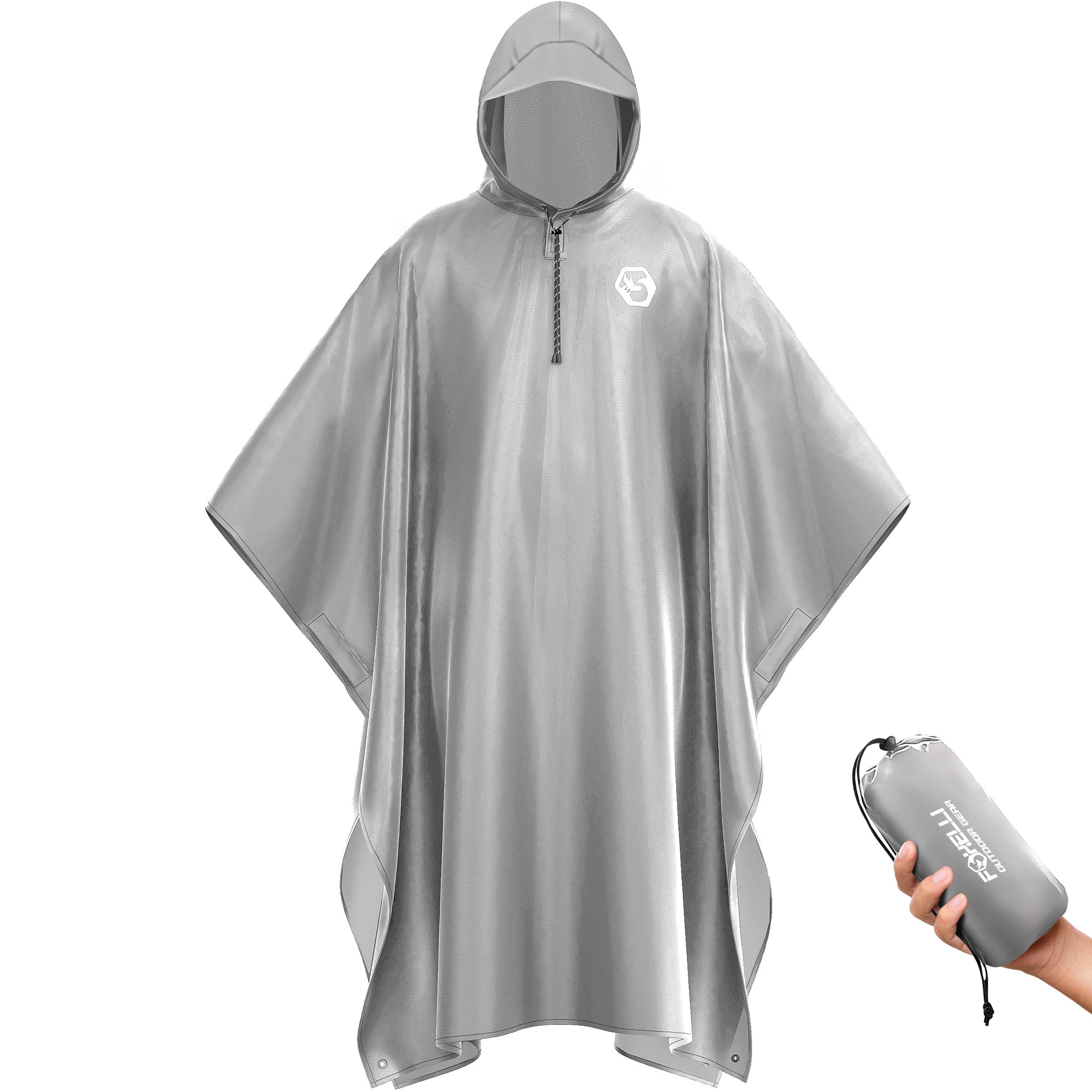 Foxelli Hooded Reusable Rain Poncho - Grey