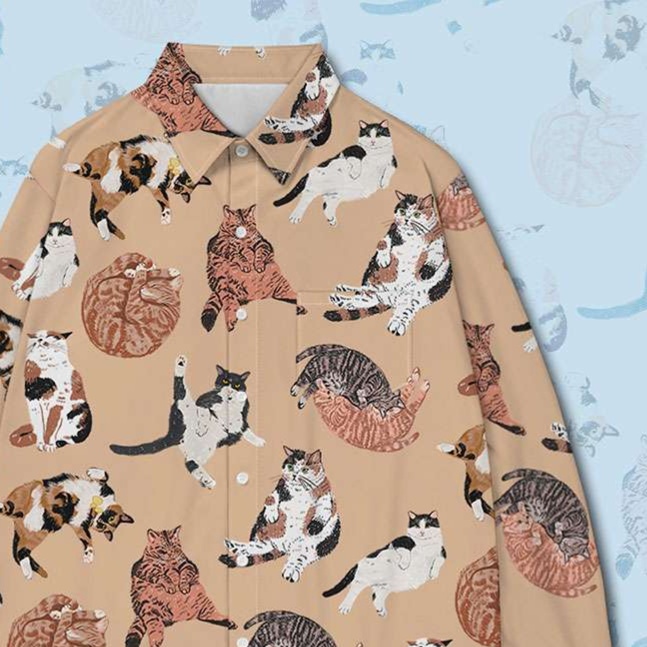 除外】猫柄シャツ のんびり猫たちの総柄長袖シャツ 猫柄シャツ|柄