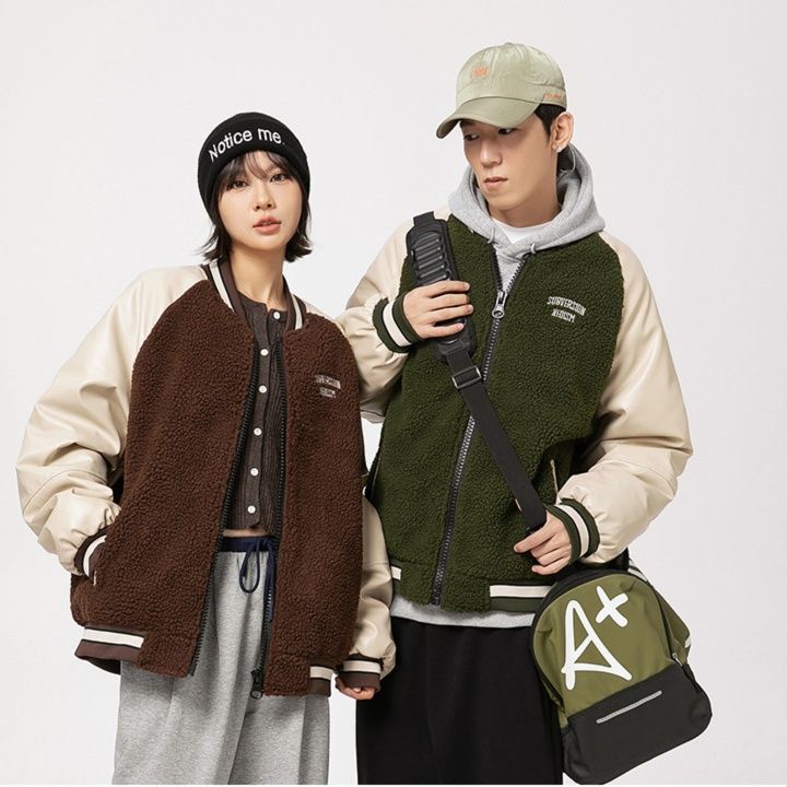 男女兼用 ボア素材 スタジャン 刺繍入り 秋冬 全2色 グリーン 緑