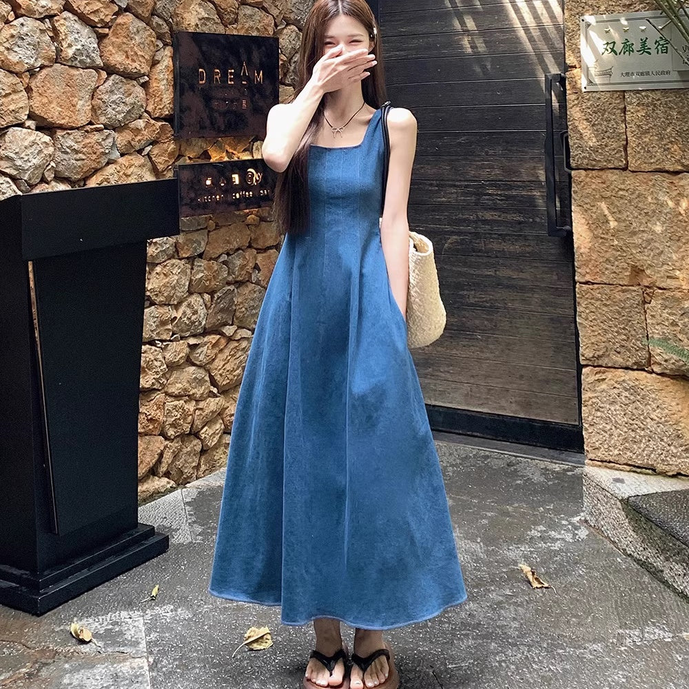 デニム ワンピース 韓国 夏 Aライン フレア ノースリーブ ロング