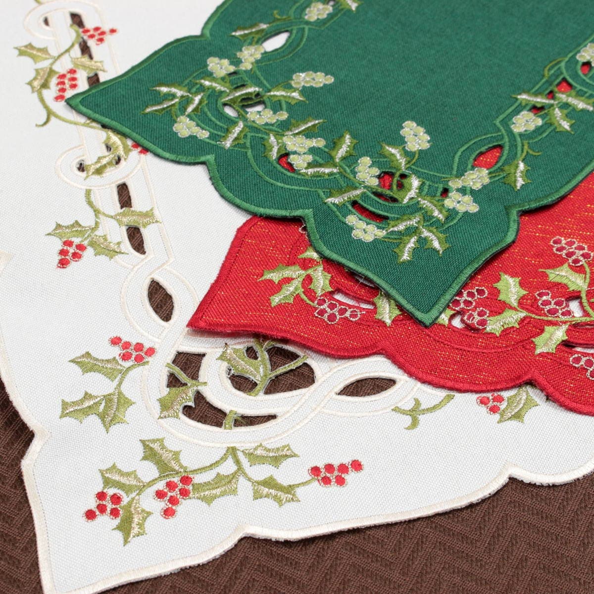 Xmas テーブルランナー ヒイラギ刺繍 約20×160cm｜インテリアレース