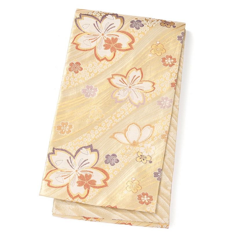 袋帯 振袖用 仕立て上り 正絹 六通 金 桜と流水 芯なし 435cm | 女性