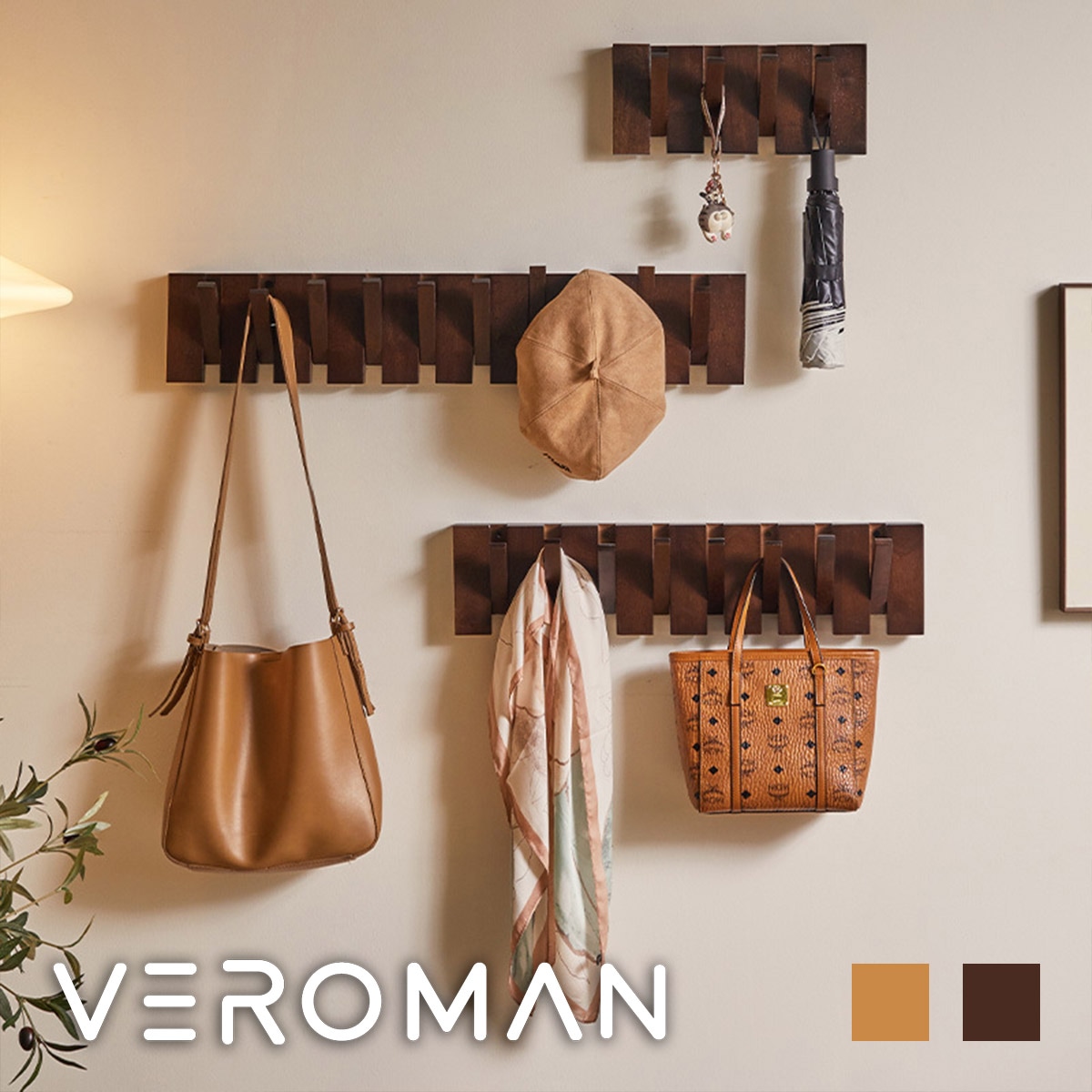 4連] VeroMan 壁掛け フック 木製 フリップフック ウォールフック