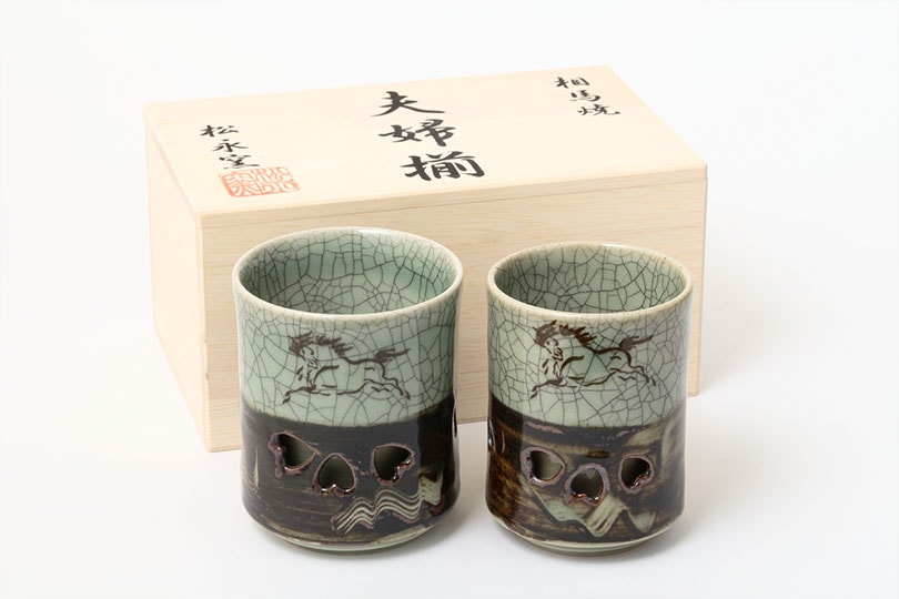 大堀相馬焼 松永窯 木箱入り 夫婦二重湯呑み (青ひび 2.2寸/2.4寸