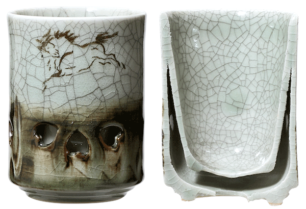 大堀相馬焼 松永窯 木箱入り 夫婦二重湯呑み (青ひび 2.2寸) 同サイズ