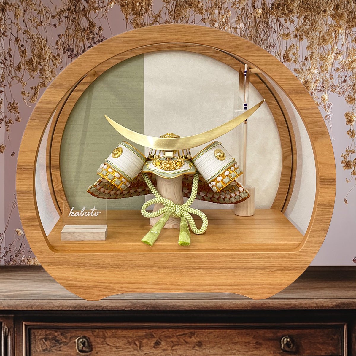 横幅45cm 五月人形｜8号 くすみ色緑 武将 伊達政宗｜円形アクリル