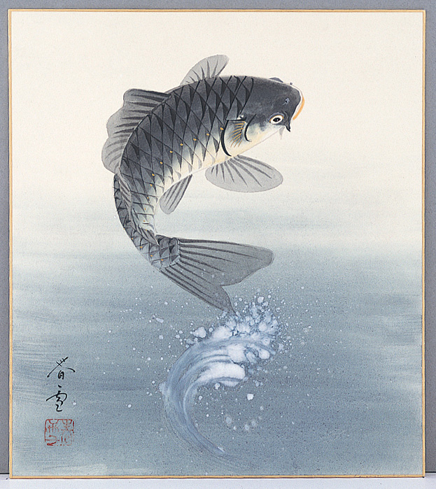 掛け軸 靖風 勝鯉之図 絹本 希少 軸装 茶道具 掛軸 美品 です。