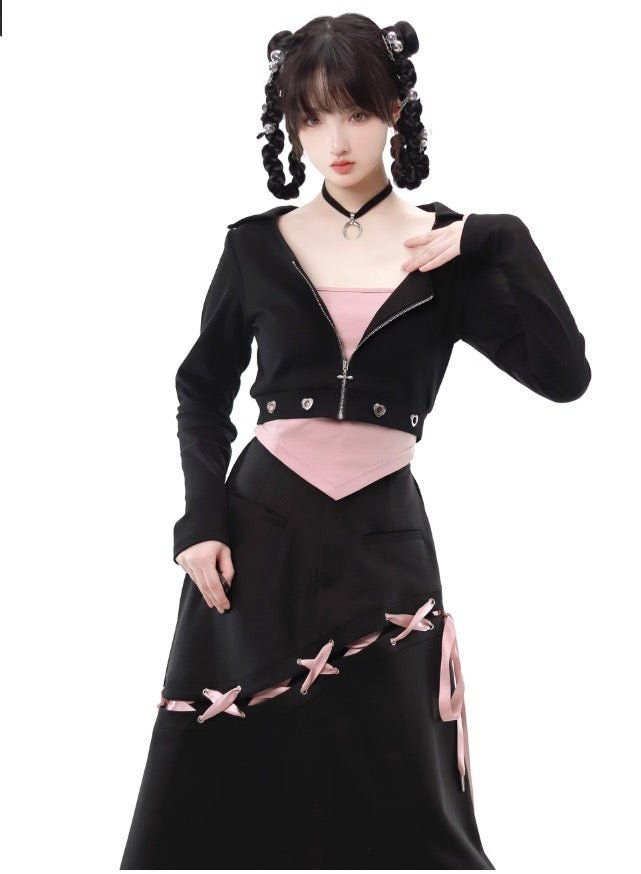 Y2K ピンクサテンリボン レースアップジップアップロング丈パーカー 黒