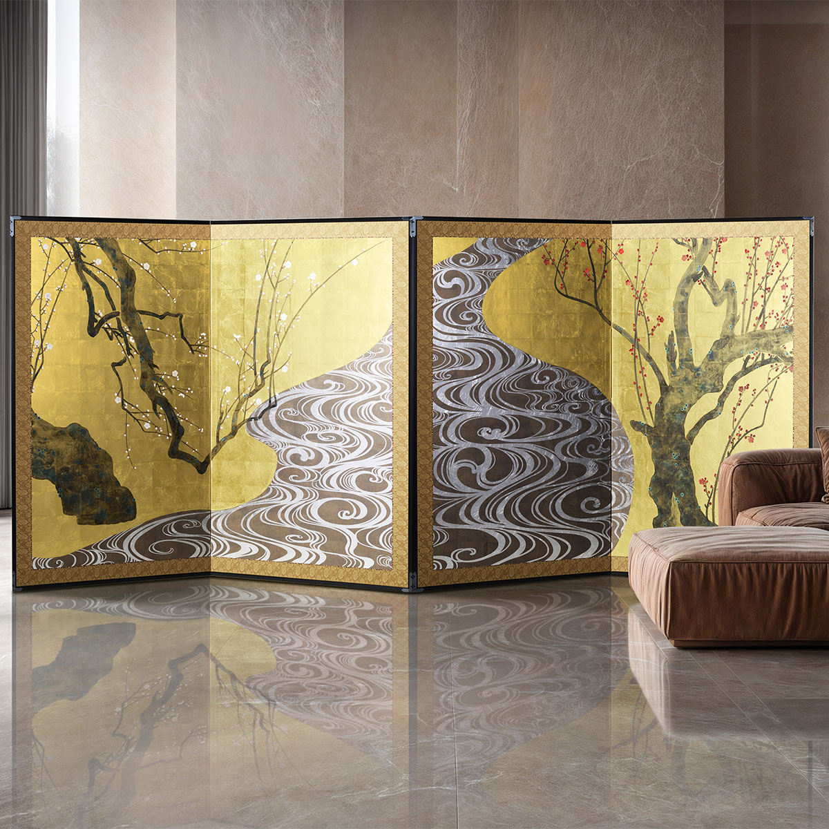 Luna専用屏風 松竹梅 伝統工芸品金沢金箔 職人技が生み出す、金屏風の