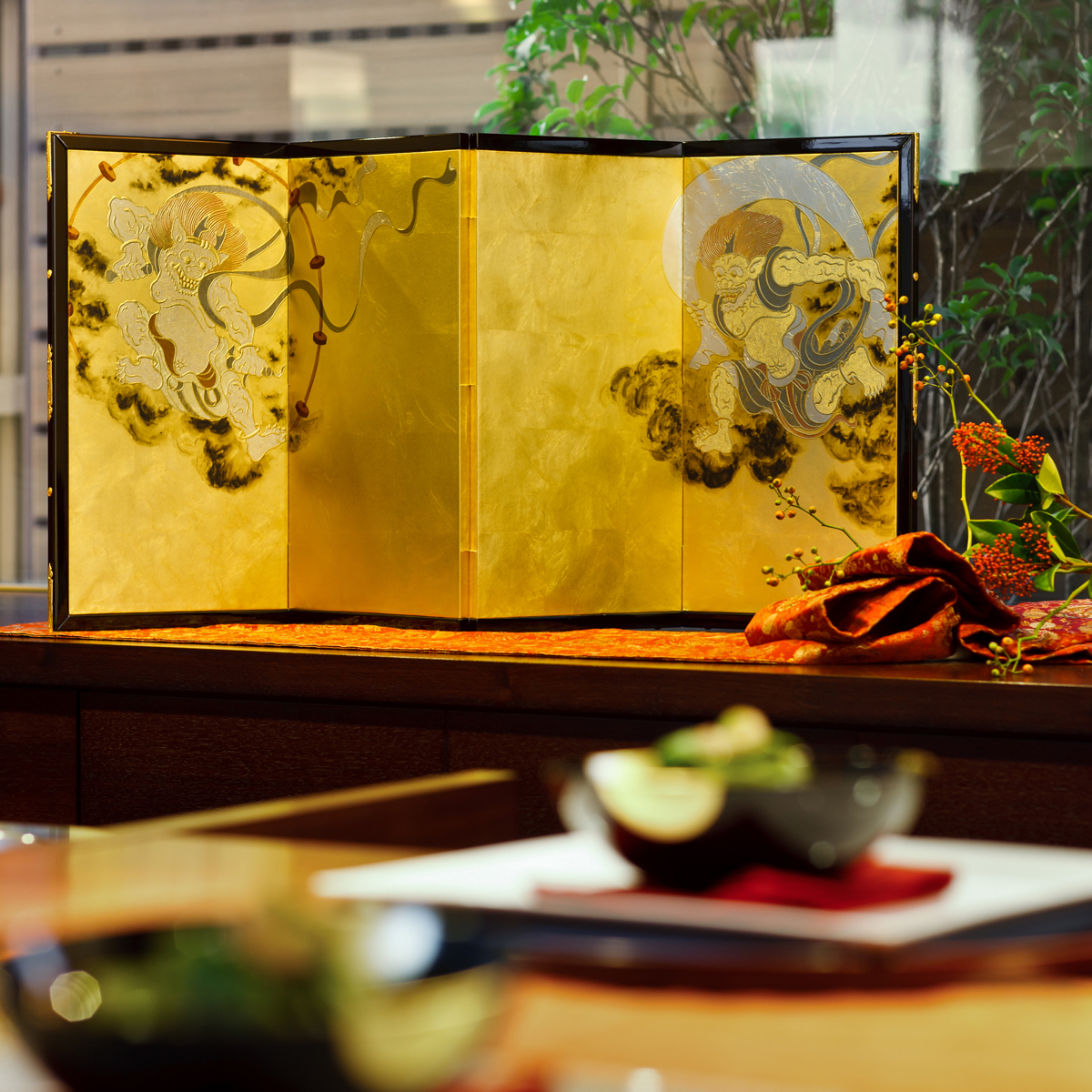 箔一 hakuichi 金箔 金沢箔 金沢 工芸品 四曲小屏風 風神雷神図