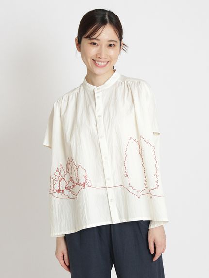 コットンローンワッシャー ホームワード刺繍ブラウス（ブラウス