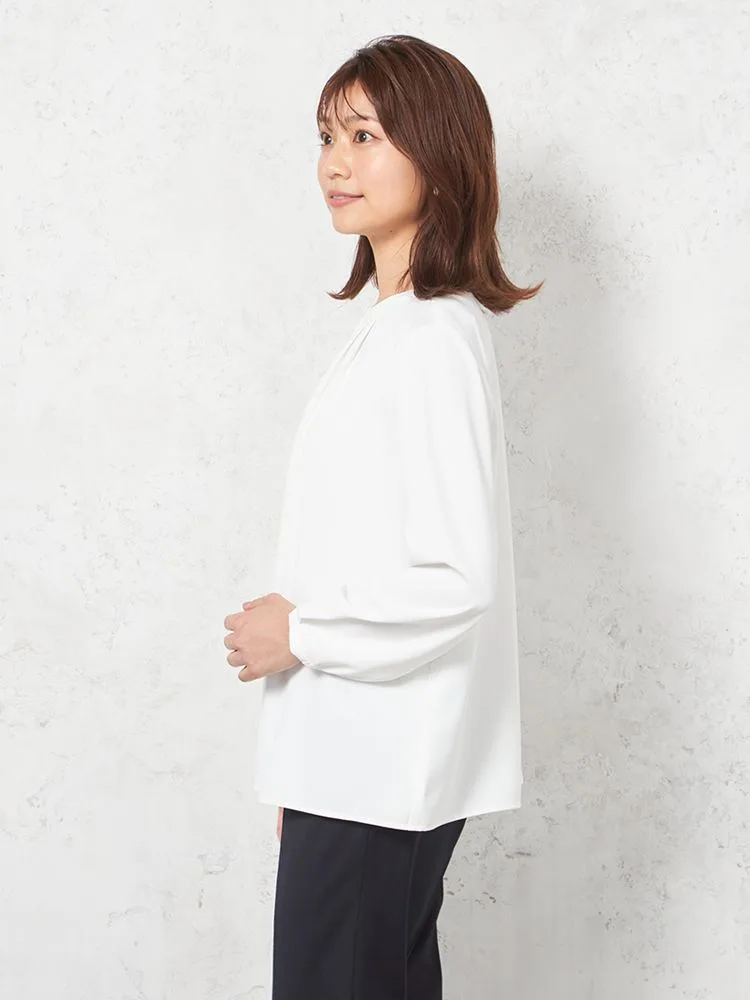 オフホワイト 【ウォッシャブル】ブラウス 長袖 クルーネックプル