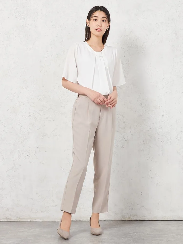 S．ブルー 【UVカット】2WAYタイ風バ－付ブラウス 5分袖 透けにくい