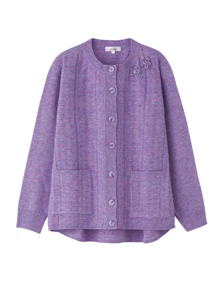 パープル 【前開き】【名前記入欄付】あったか毛混斜め釦ホールニット