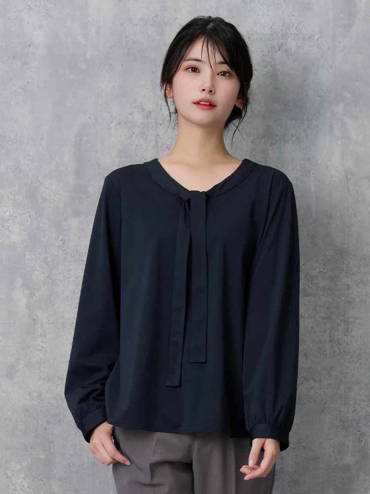 ブラック 【ストレッチ】長袖 ボウタイブラウス【WEB限定】形態安定 UV