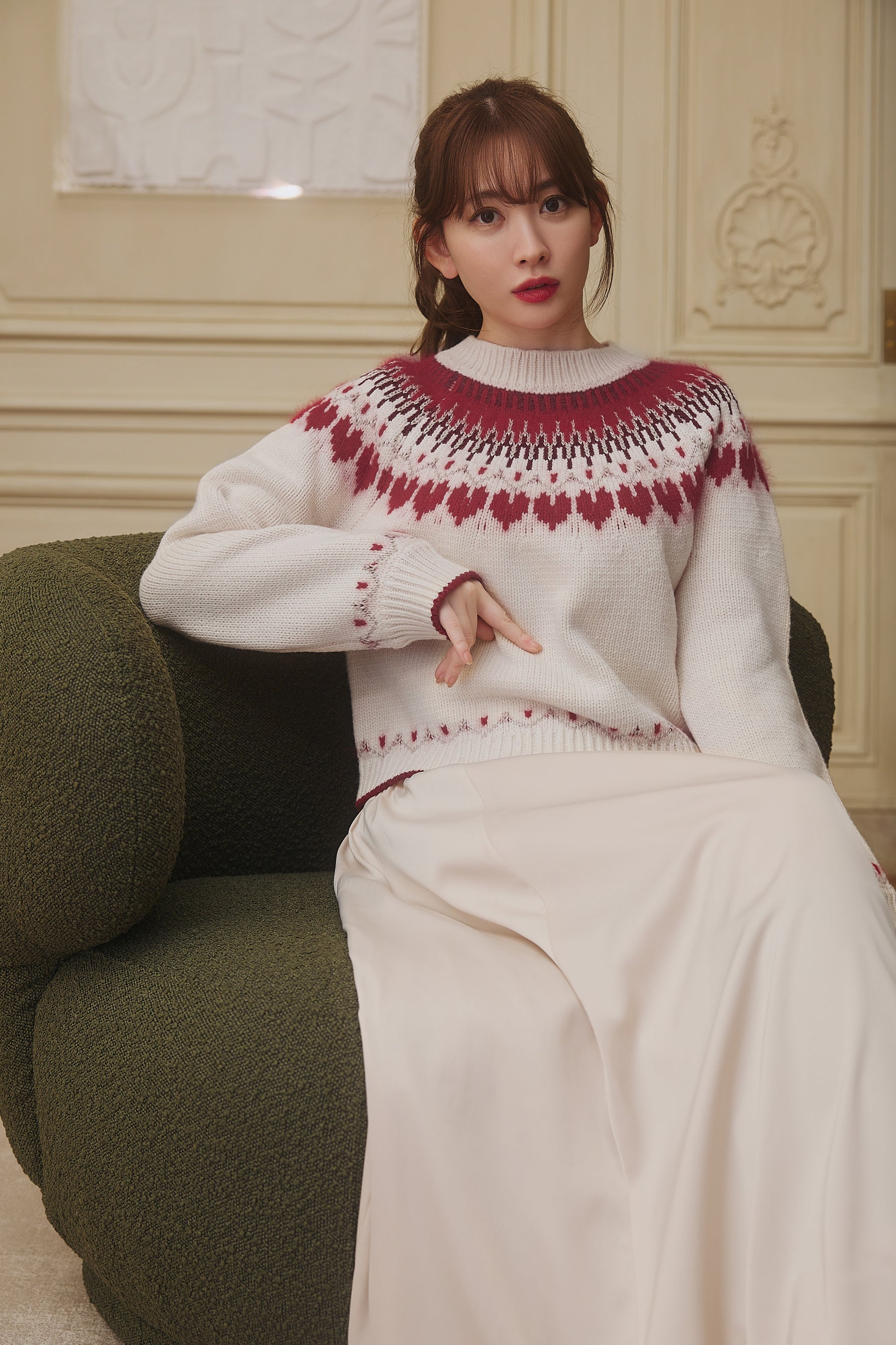red】Heart Fair Isle Knit Pullover