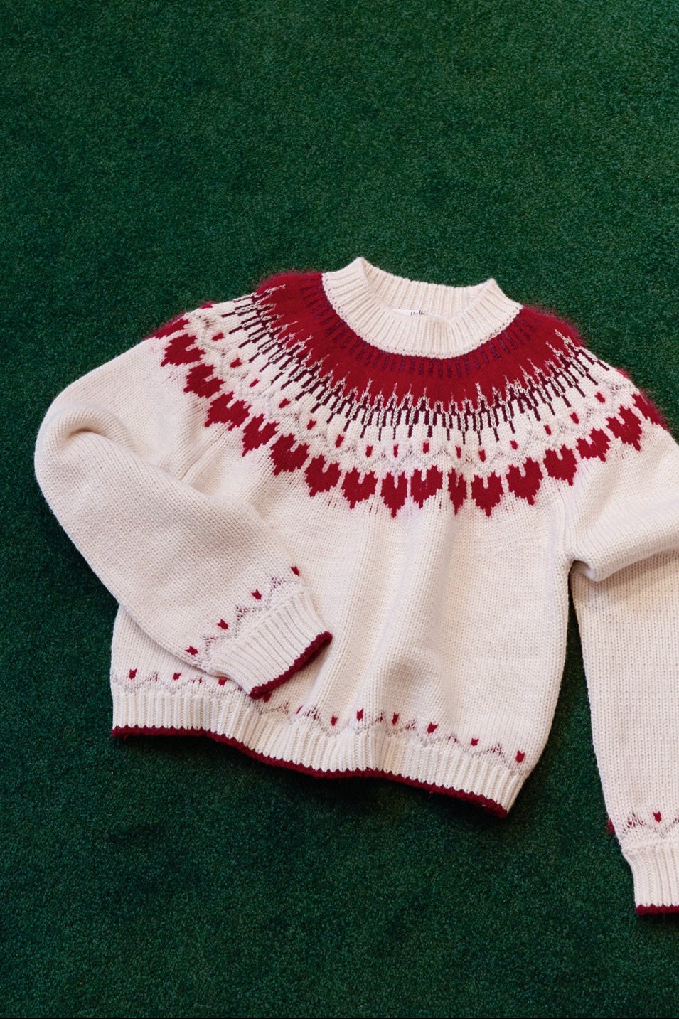 red】Heart Fair Isle Knit Pullover
