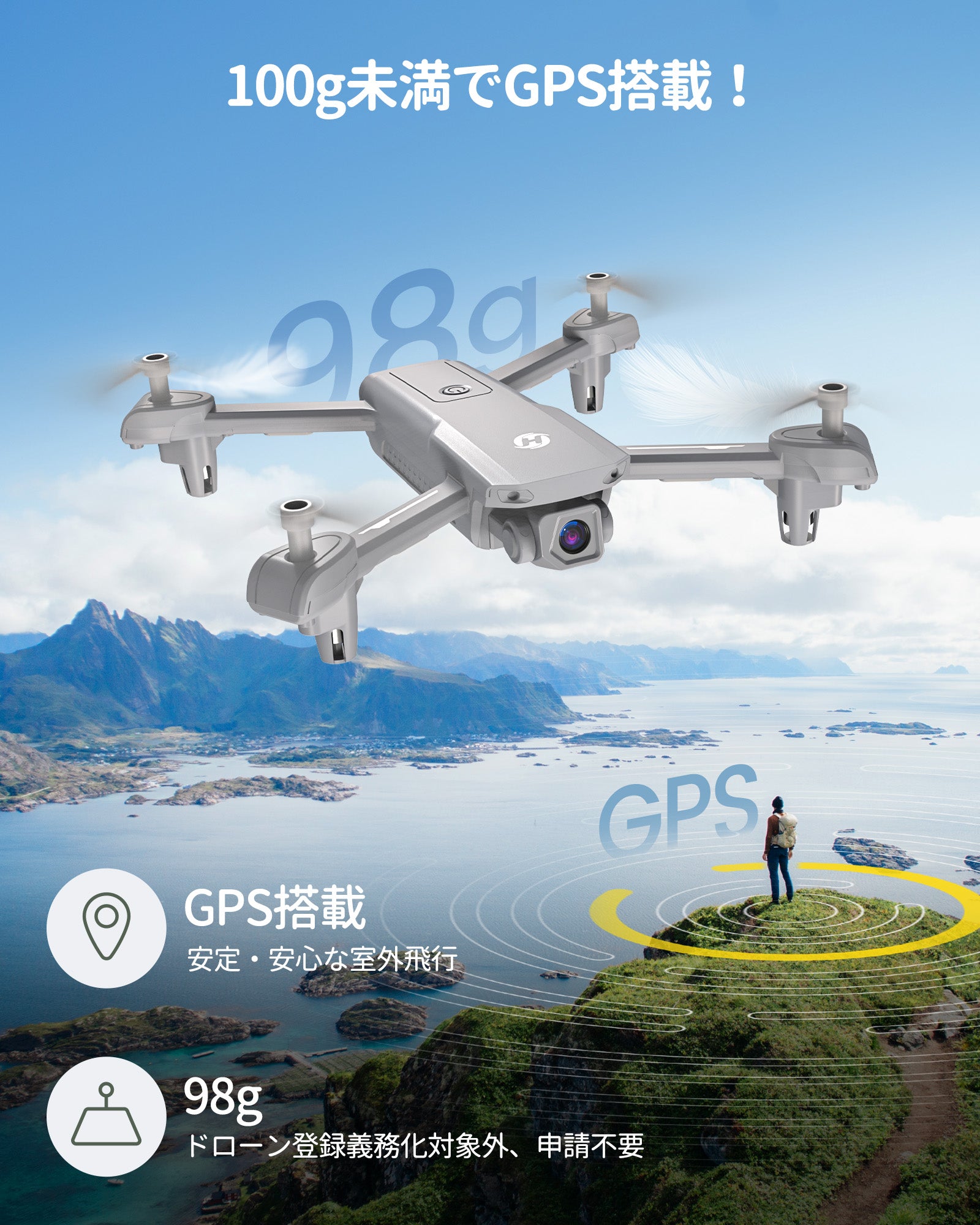Holy Stone ドローン カメラ付き 100g未満 GPS搭載 申請不要 屋外 小型