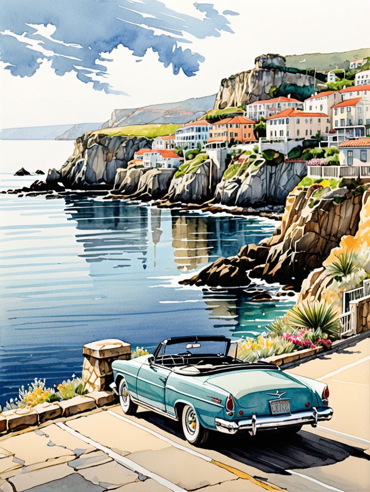 Peaceful Painting of a Car by the Lake