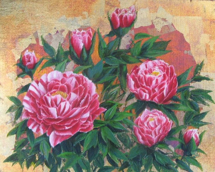 油絵 百王（牡丹）F3 布キャンバス箔