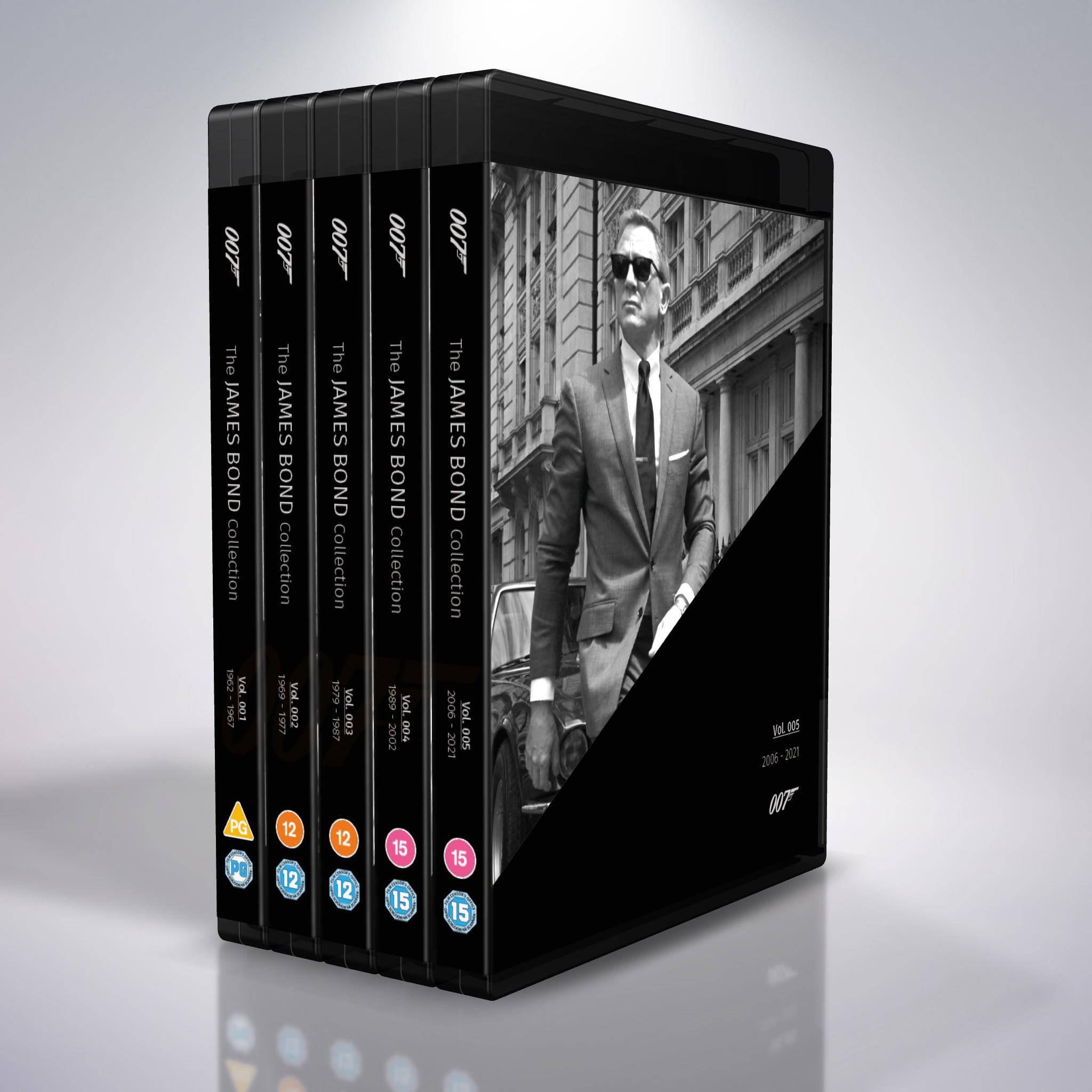 25 films, 5 films per box. Custom artwork for the James Bond