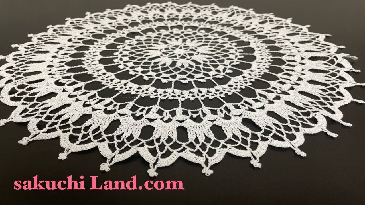レース編みドイリー/かぎ針編みテーブルセンターの編み方【日本語字幕