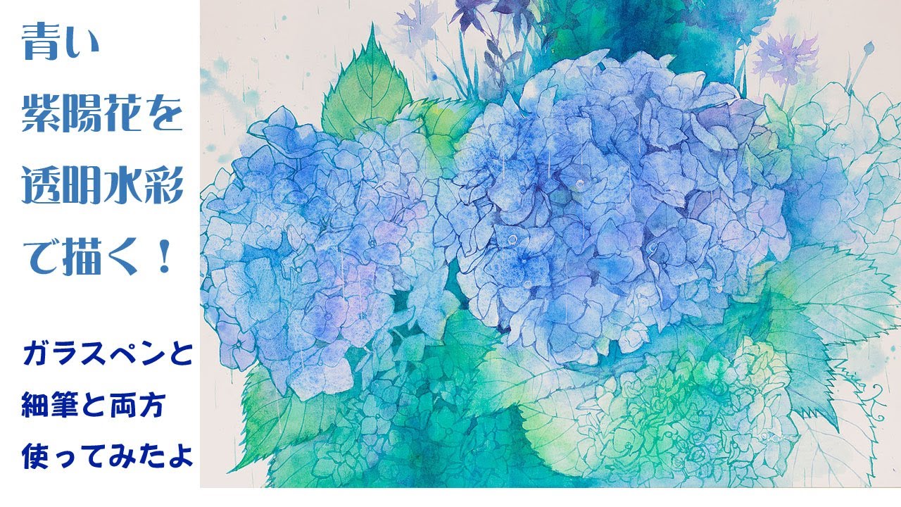 青い紫陽花を透明水彩で描く2023 ガラスペンと細筆両方使って - YouTube