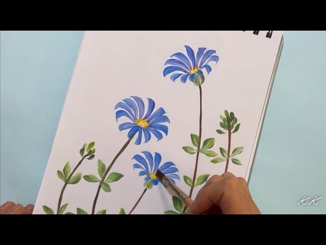 How to draw & paint Blue Daisies, Acrylic painting - YouTube