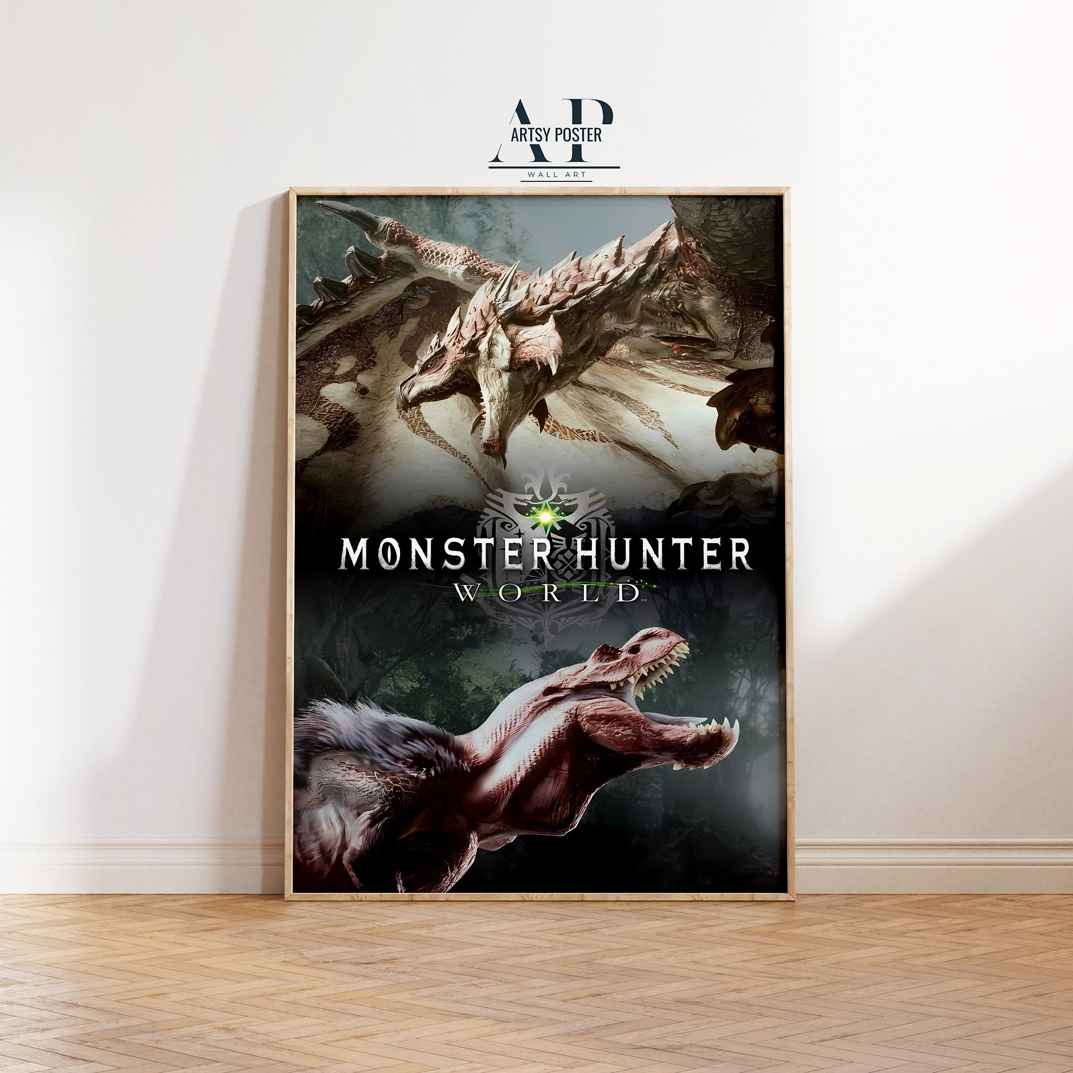 モンスターハンターワールドポスター：象徴的なモンスターとハンターの