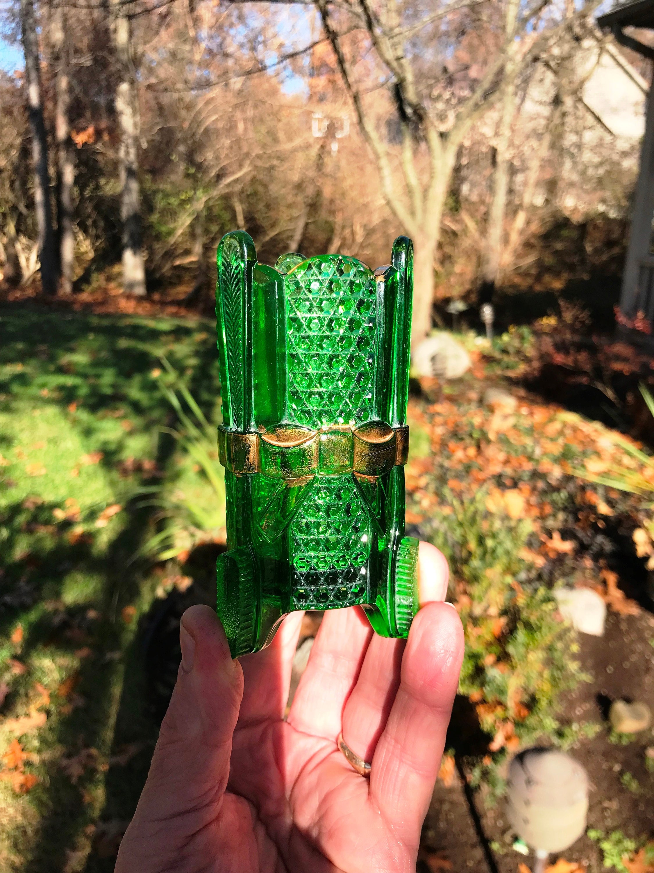 Antique U.S. Glass EAPG Emerald Green Novelty Toothbrush Holder