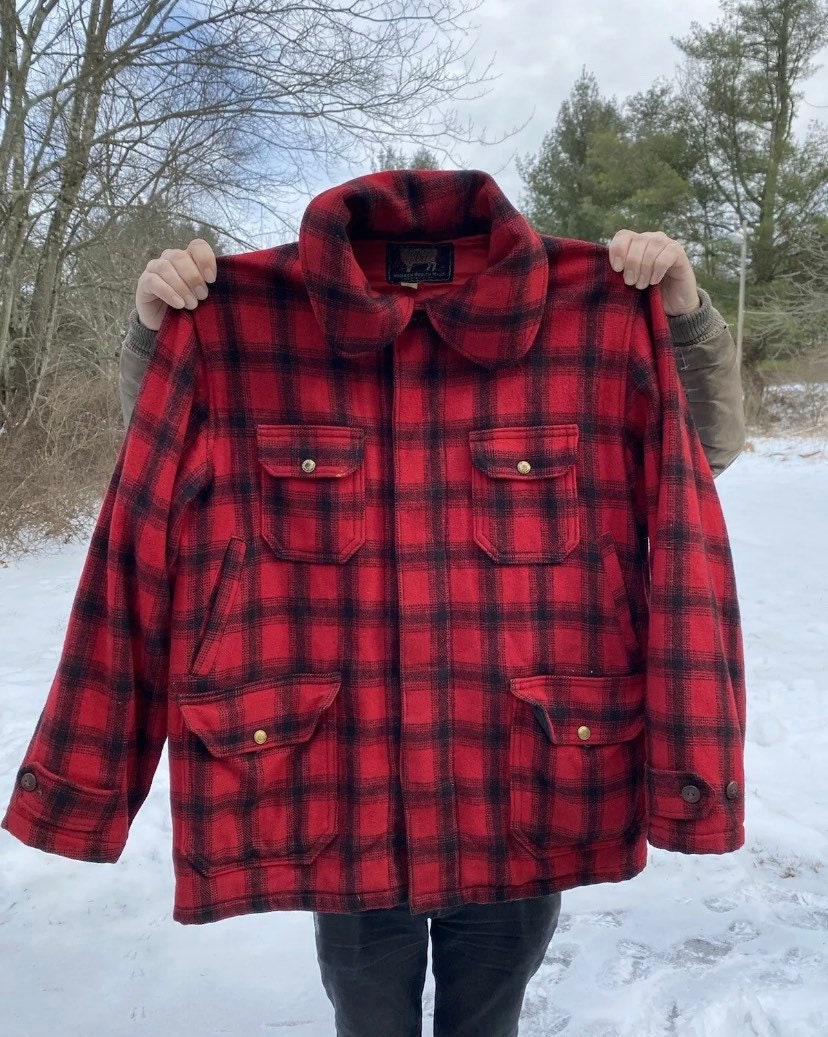 Woolrich Red Black Plaid Jacket Wool Mackinaw 1950s-1960s Hunting