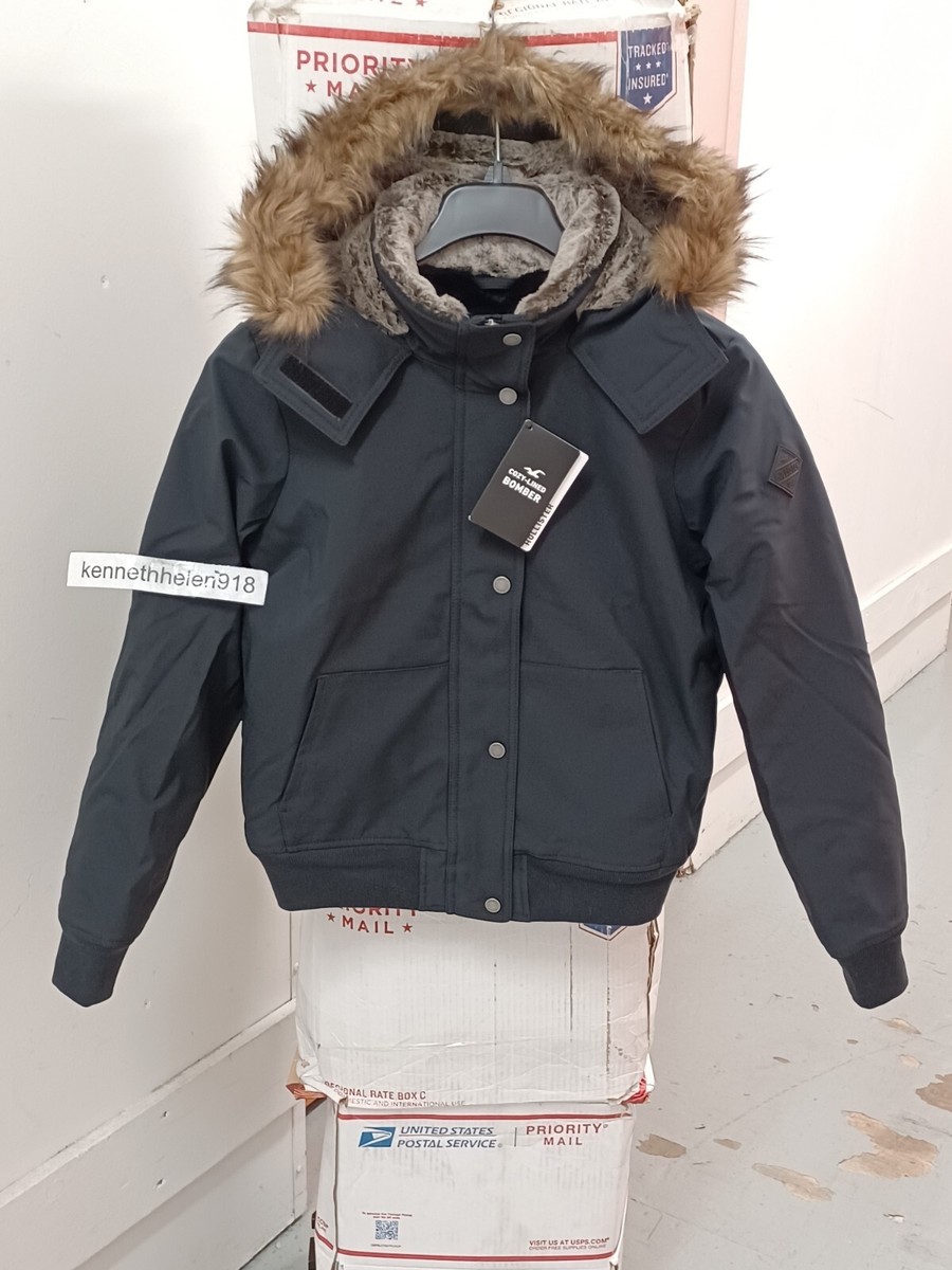HOLLISTER FAUX FUR LINED ALL WEATHER BOMBER JACKET BLACK WOMENS