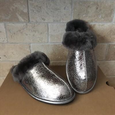 UGG SCUFFETTE II GUNMETAL METALLIC LEATHER FUR CUFF SLIDE SLIPPERS