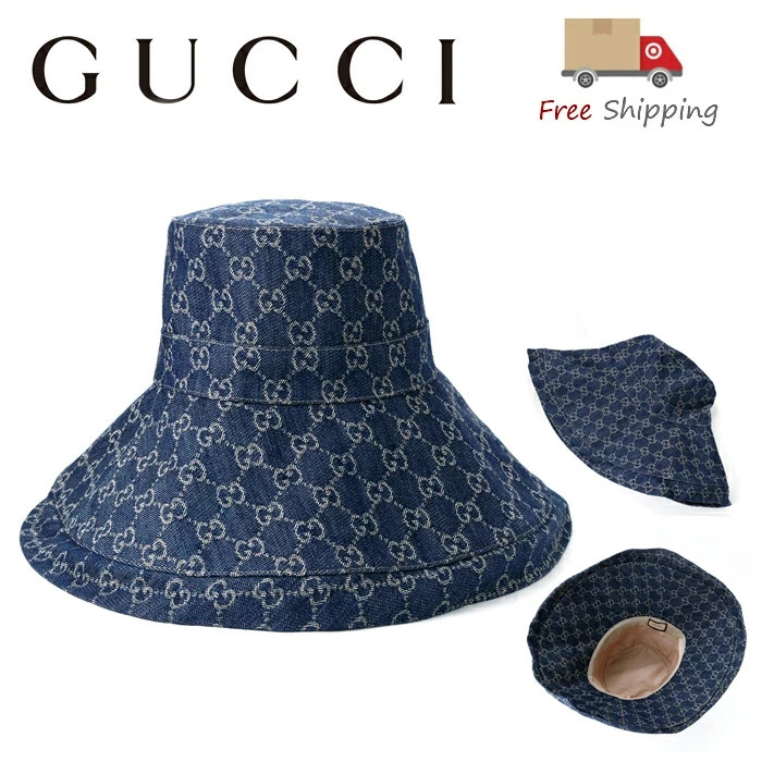 GUCCI 631958 Eco Washed Denim Wide Brim Hat Size M Canvas Logo GG