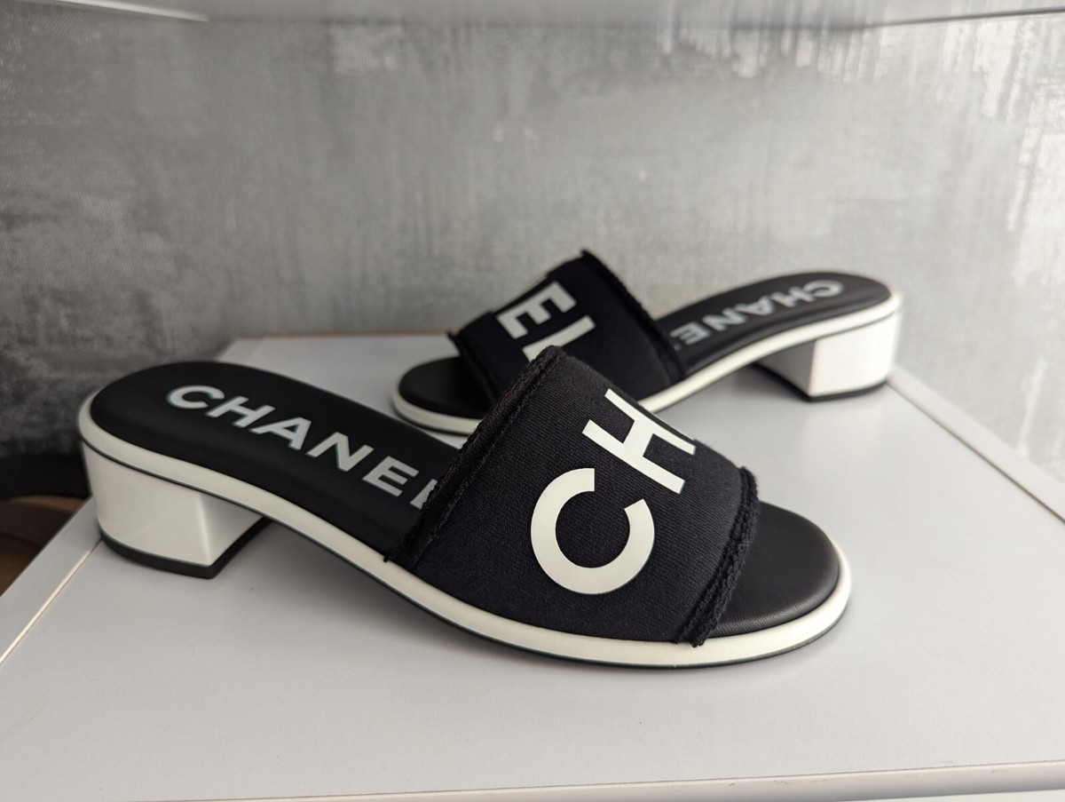 Chanel Cruise 2024 Black Fabric White Logo Sandals Shoes Mules